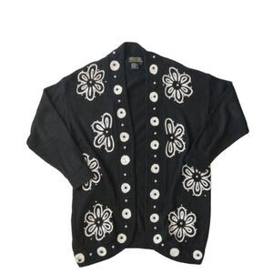 Vintage Maurada Black and White Open Front Knit Cardigan Sweater Women's 1X
